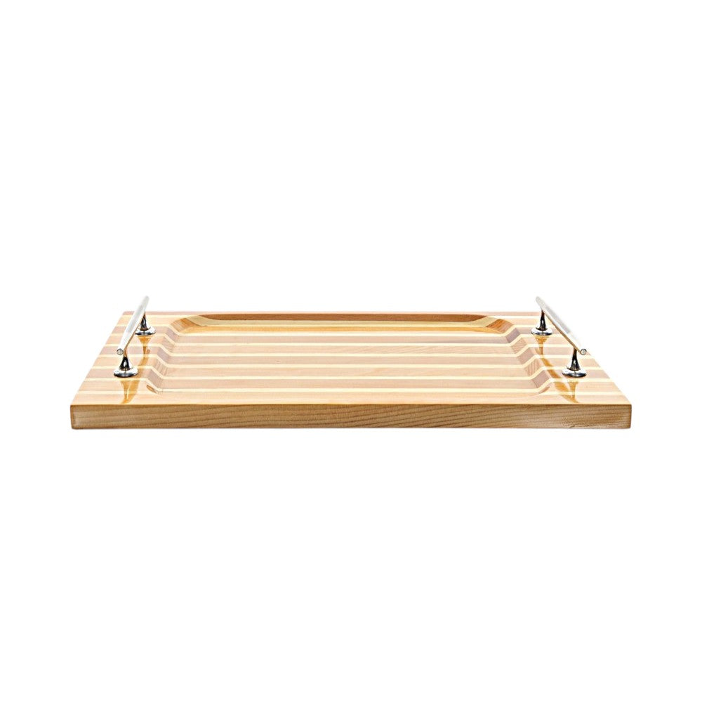 15" Brown And Natural Solid Wood Striped Serving Tray With Handles