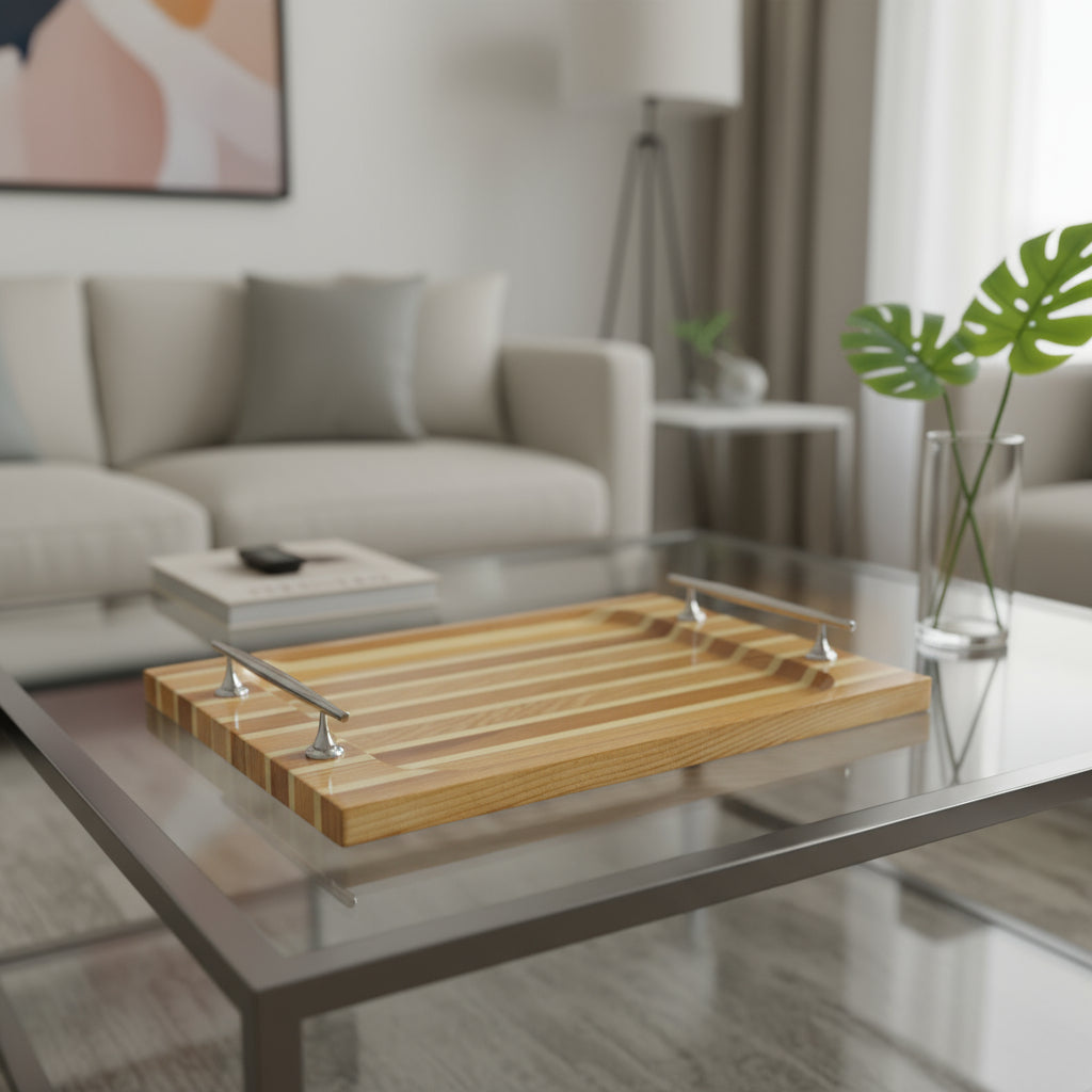 15" Brown And Natural Solid Wood Striped Serving Tray With Handles