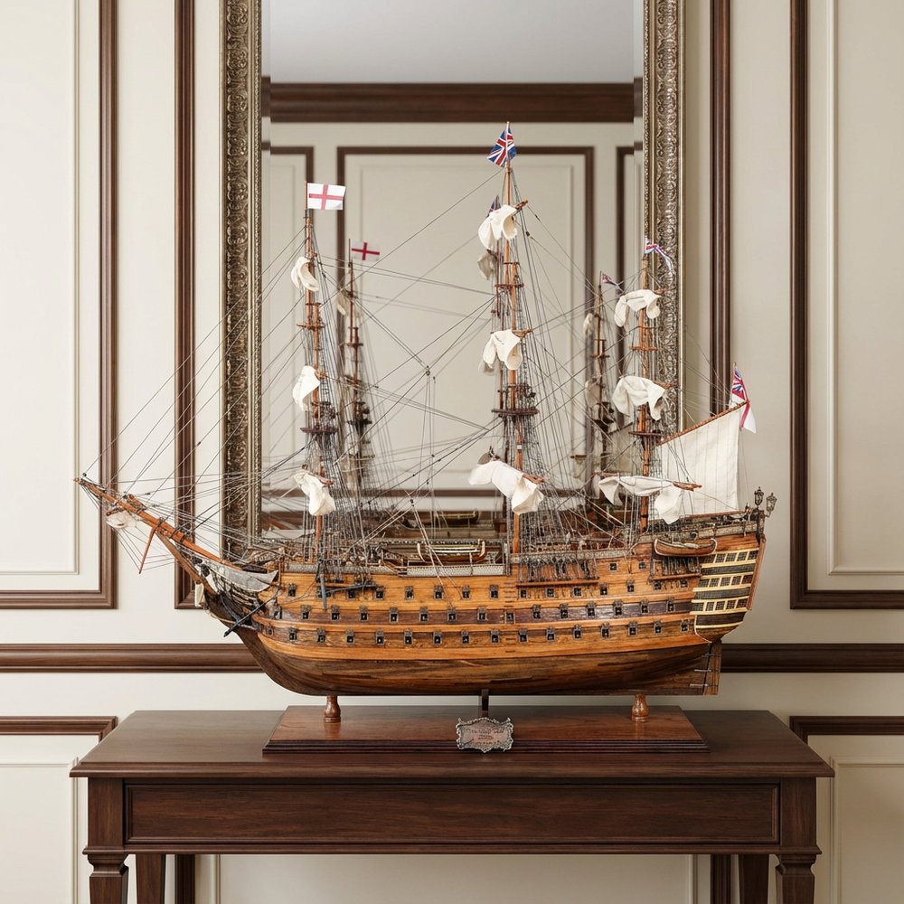 27" Wood Brown Solid Wood Hand Painted Model Boat Tabletop Sculpture