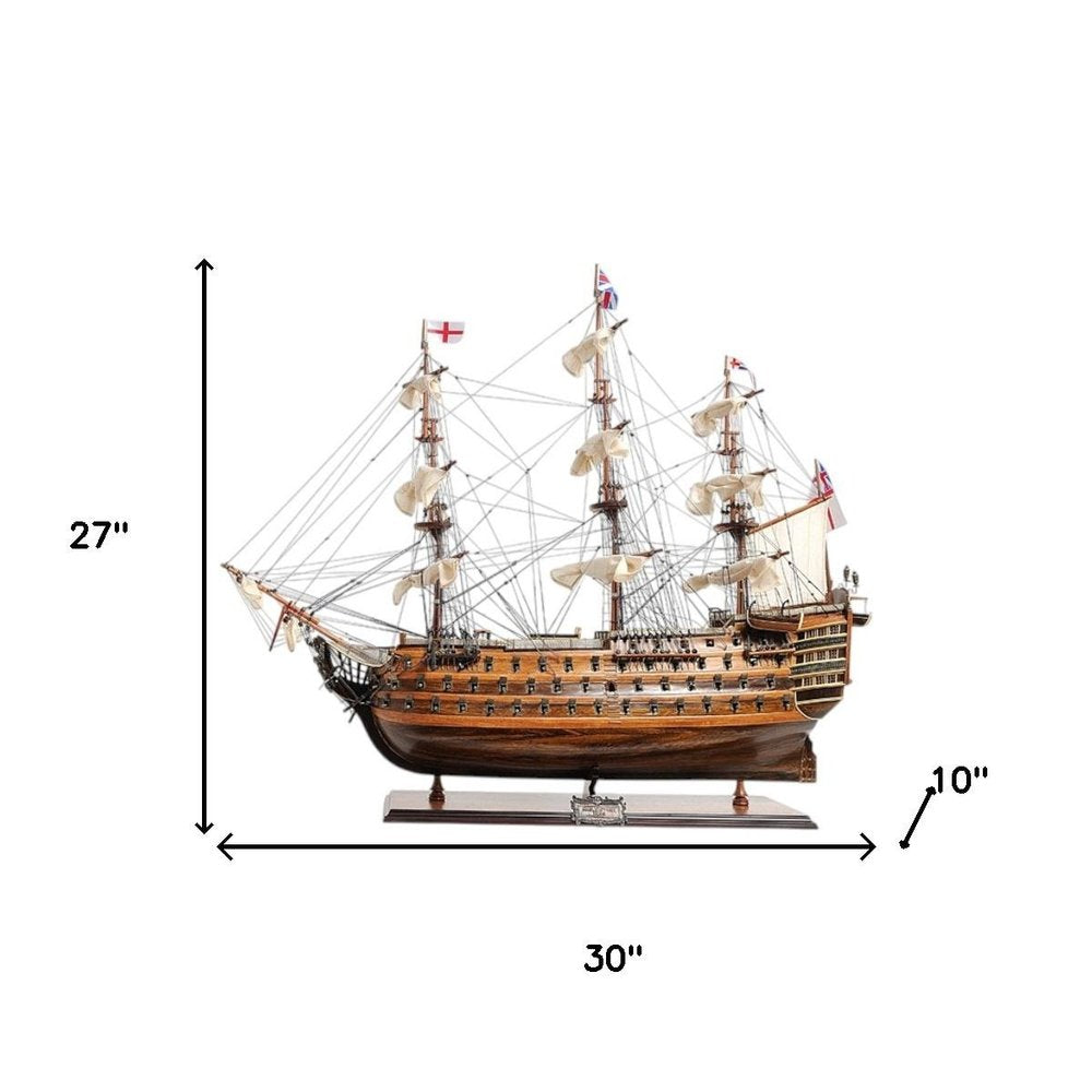 27" Wood Brown Solid Wood Hand Painted Model Boat Tabletop Sculpture