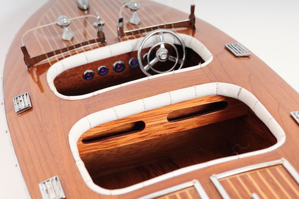 10" Wood Brown Solid Wood Hand Painted Model Boat Tabletop Sculpture