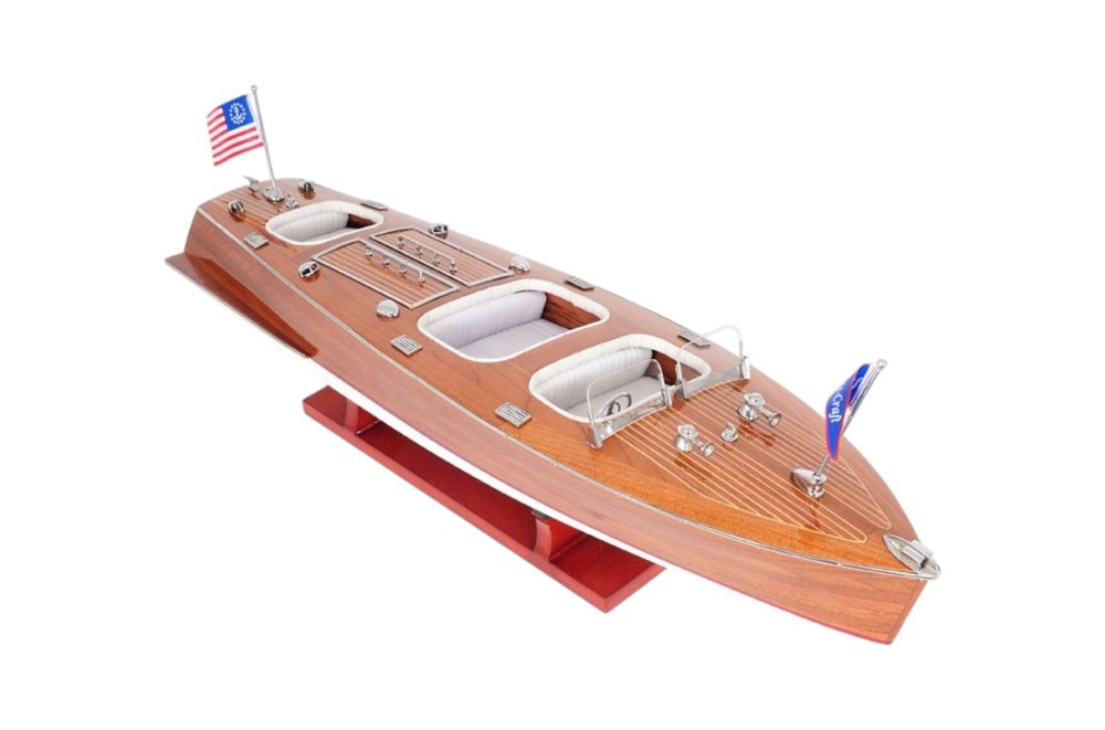 10" Wood Brown Solid Wood Hand Painted Model Boat Tabletop Sculpture