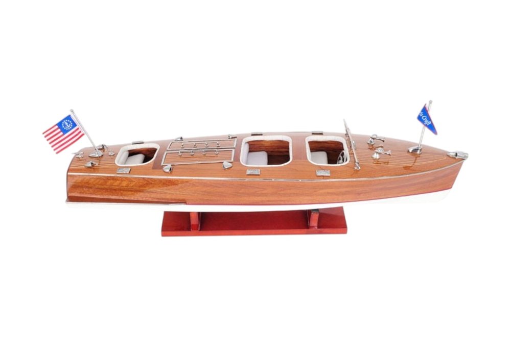 10" Wood Brown Solid Wood Hand Painted Model Boat Tabletop Sculpture