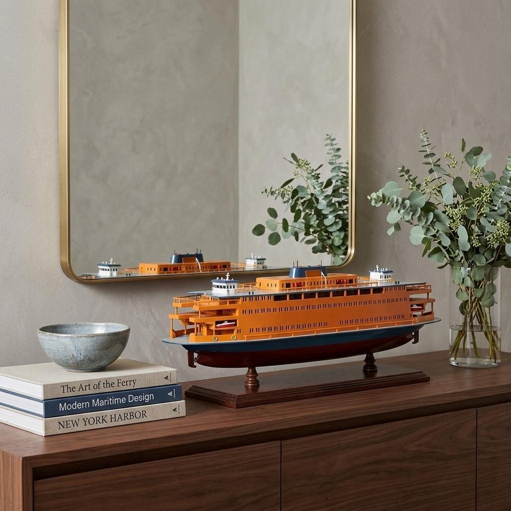 11" Maroon Staten Island Ferry Boat Hand Painted Decorative Boat