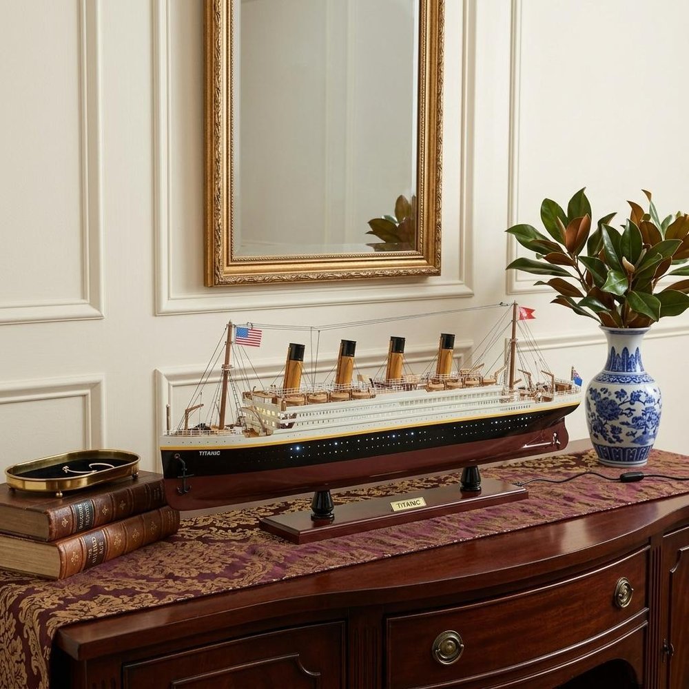 13" Black and White Solid Wood Hand Painted 1912 RMS Titanic Lights Model Boat