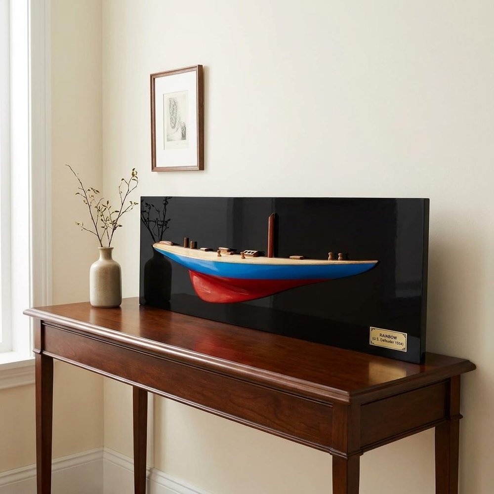 12" Blue and Red Solid Wood Hand Painted Rainbow Half-Hull Model Boat