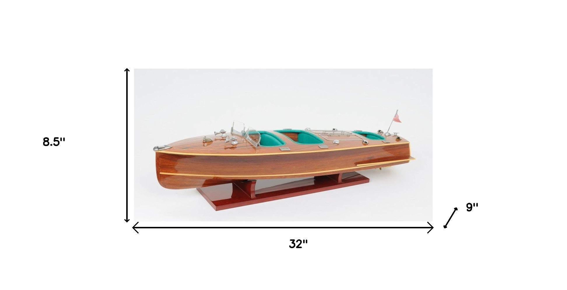 9" Wood Brown Solid Wood Hand Painted c1928 Chris Craft Triple Cockpit Large Model Boat