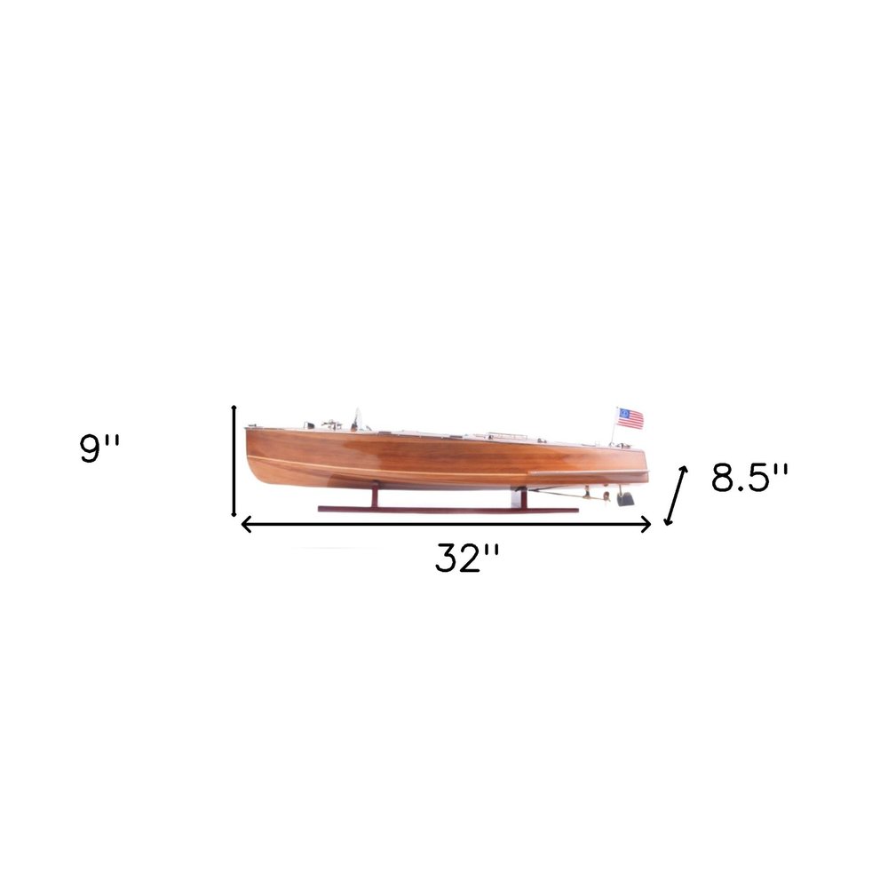 9" Wood Brown Solid Wood Hand Painted c1928 Chris Craft Triple Cockpit Large Model Boat
