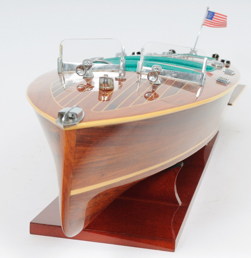 9" Wood Brown Solid Wood Hand Painted c1928 Chris Craft Triple Cockpit Large Model Boat