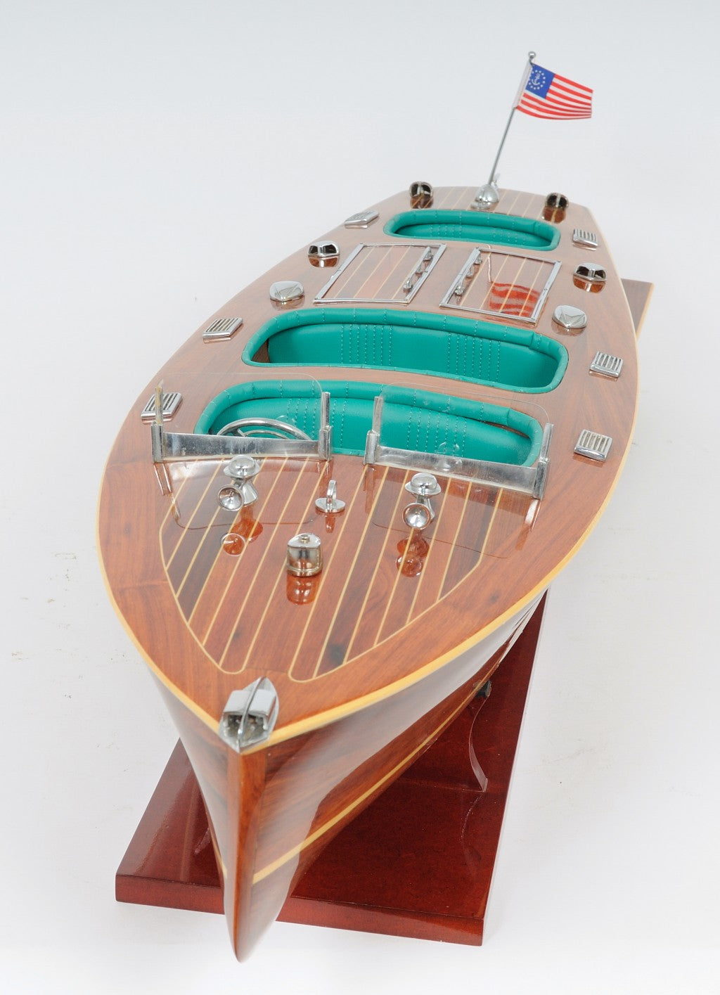 9" Wood Brown Solid Wood Hand Painted c1928 Chris Craft Triple Cockpit Large Model Boat