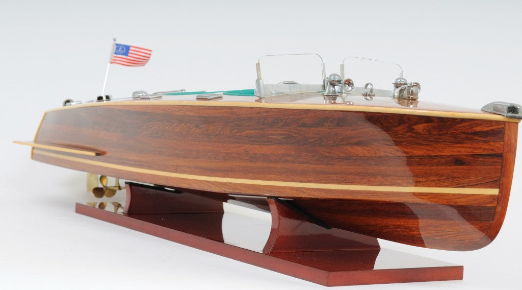 9" Wood Brown Solid Wood Hand Painted c1928 Chris Craft Triple Cockpit Large Model Boat