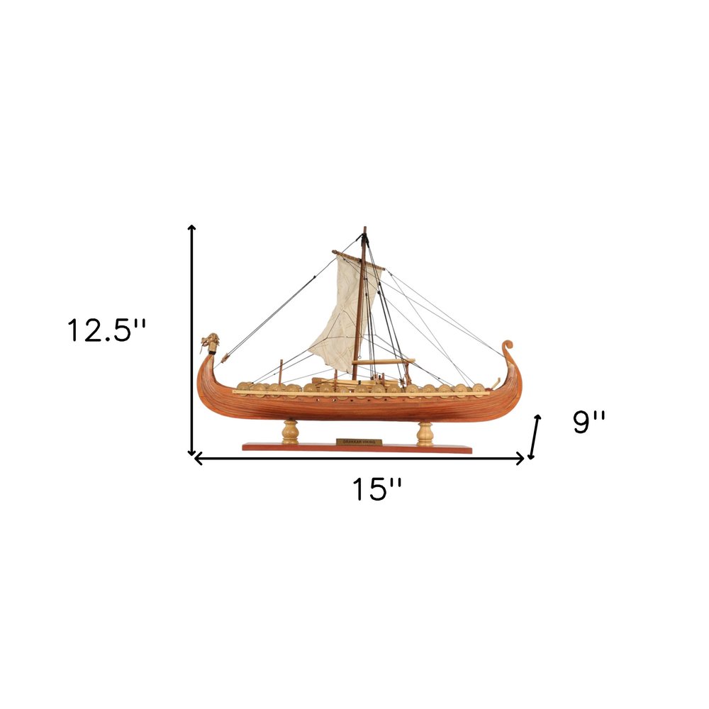 13" Wood Brown Solid Wood Hand Painted Model Boat Tabletop Sculpture