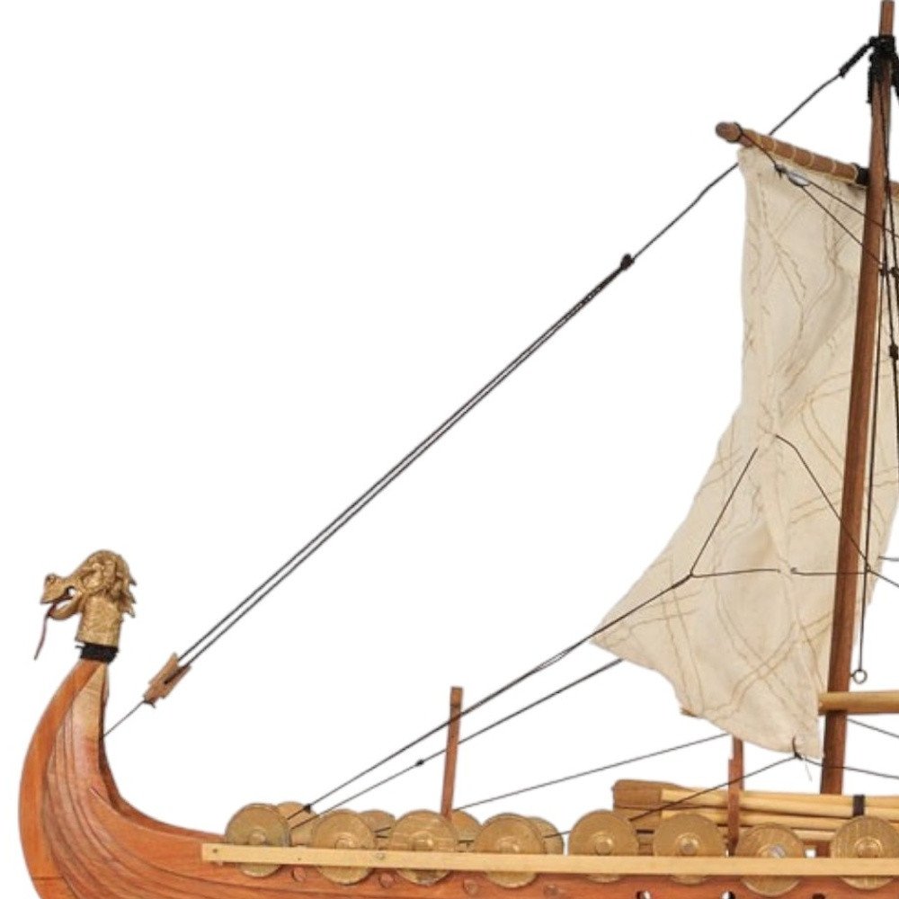 13" Wood Brown Solid Wood Hand Painted Model Boat Tabletop Sculpture
