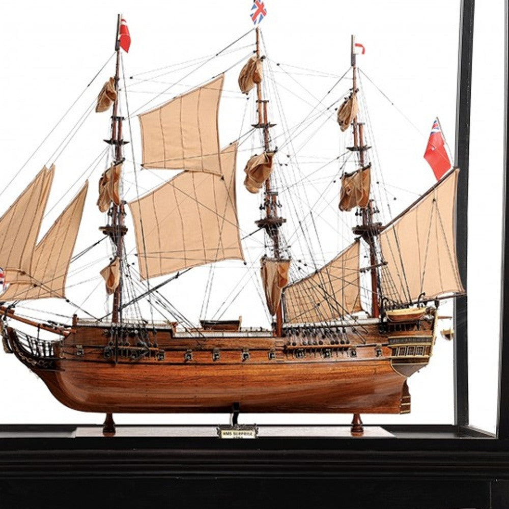 69" Wood Brown Solid Wood Hand Painted HMS Surprise 1796 Large Floor Display Case Model Boat