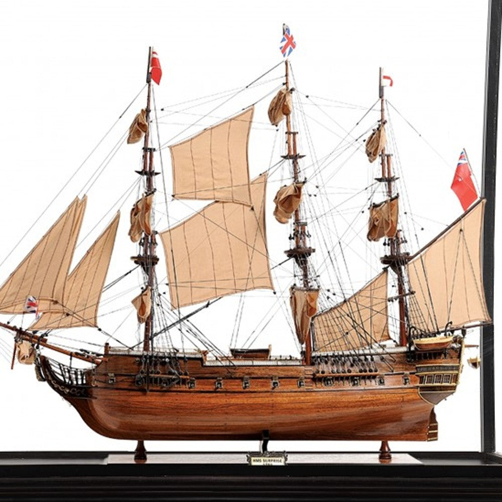 69" Wood Brown Solid Wood Hand Painted HMS Surprise 1796 Large Floor Display Case Model Boat