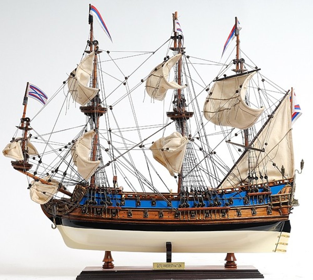 22" Blue and Brown Solid Wood Hand Painted 1700 Goto Predestination Medium Model Boat