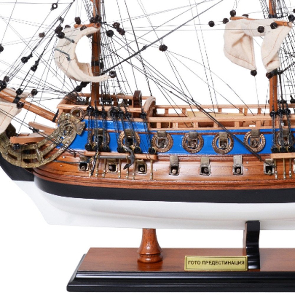 22" Blue and Brown Solid Wood Hand Painted 1700 Goto Predestination Medium Model Boat
