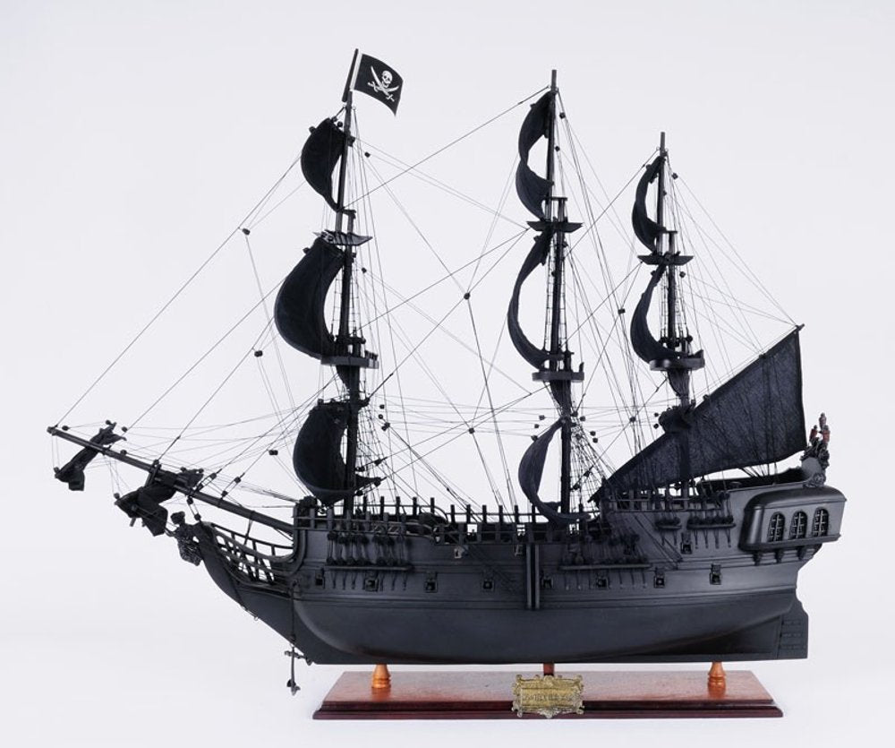 24" Black Solid Wood Hand Painted Model Boat Tabletop Sculpture