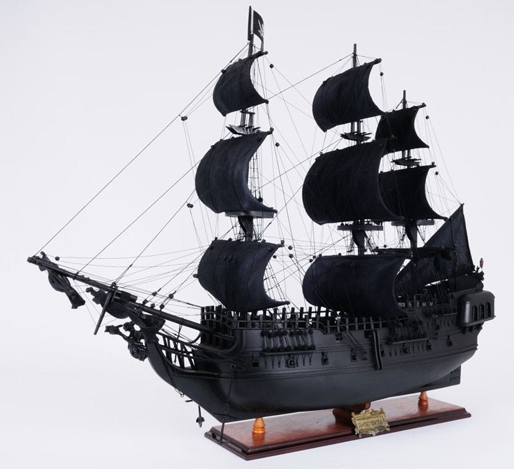 24" Black Solid Wood Hand Painted Model Boat Tabletop Sculpture
