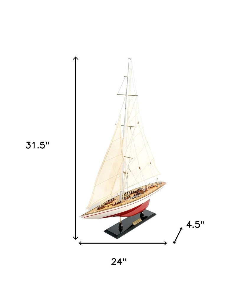 32" Red and White Solid Wood Hand Painted p-Oxybis(benzenesulfonyl hydrazide) Model Boat
