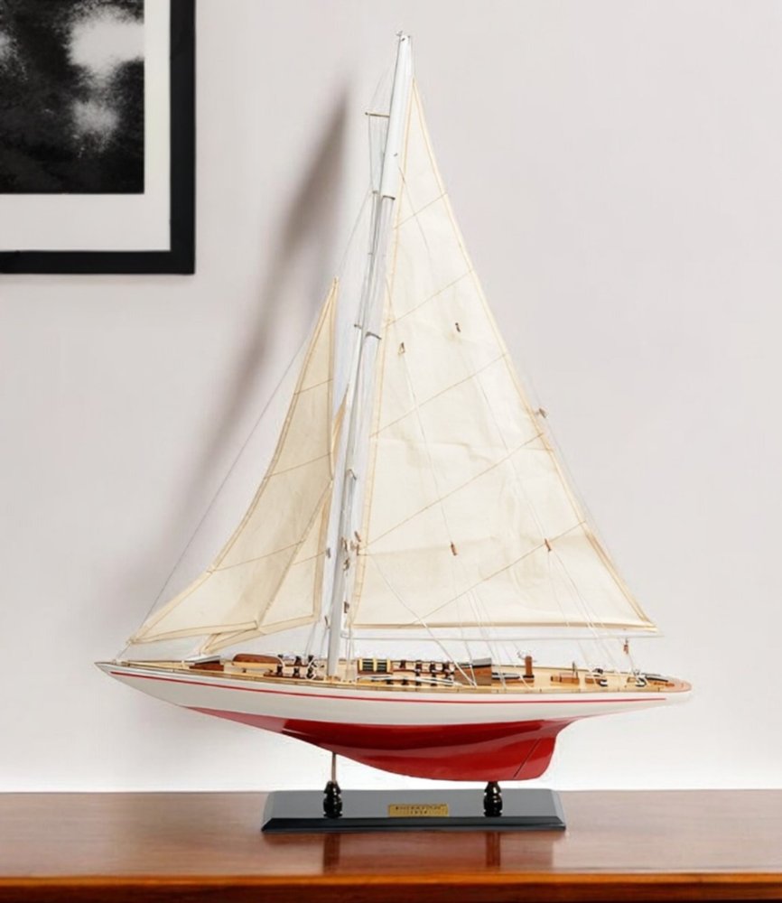 32" Red and White Solid Wood Hand Painted p-Oxybis(benzenesulfonyl hydrazide) Model Boat