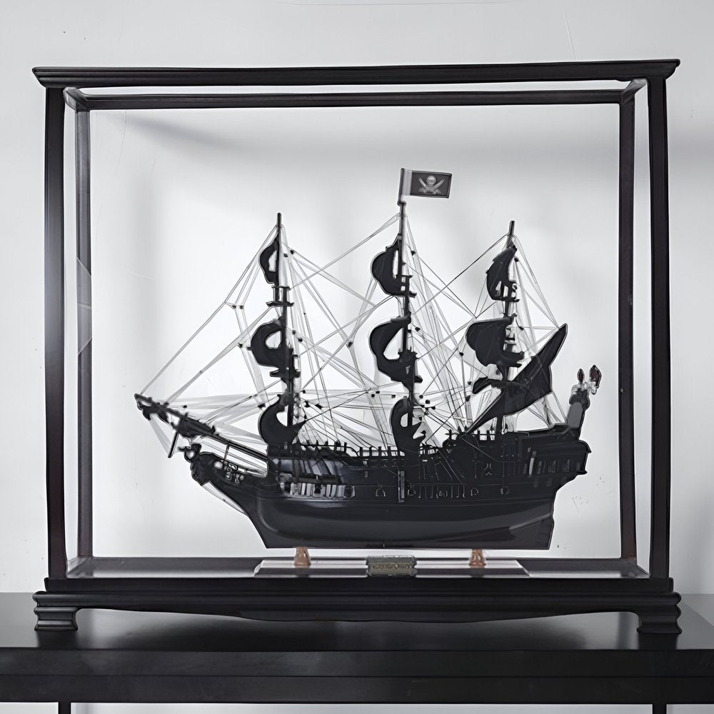 32" Black Solid Wood Hand Painted Black Pearl Pirate Medium Display Case Model Boat