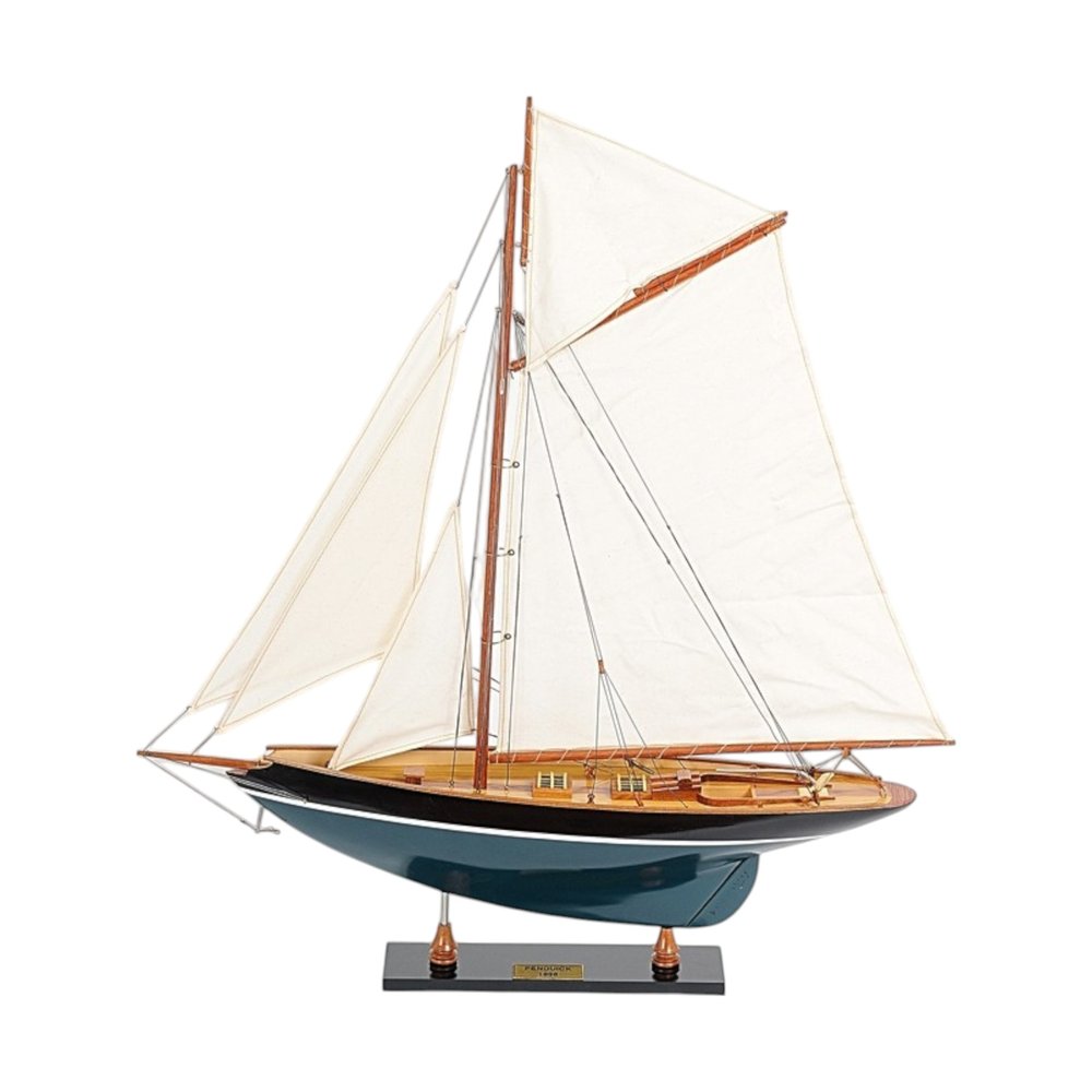 31" Black Blue And White Solid Wood Pen Duick Hand Painted Model Sail Boat