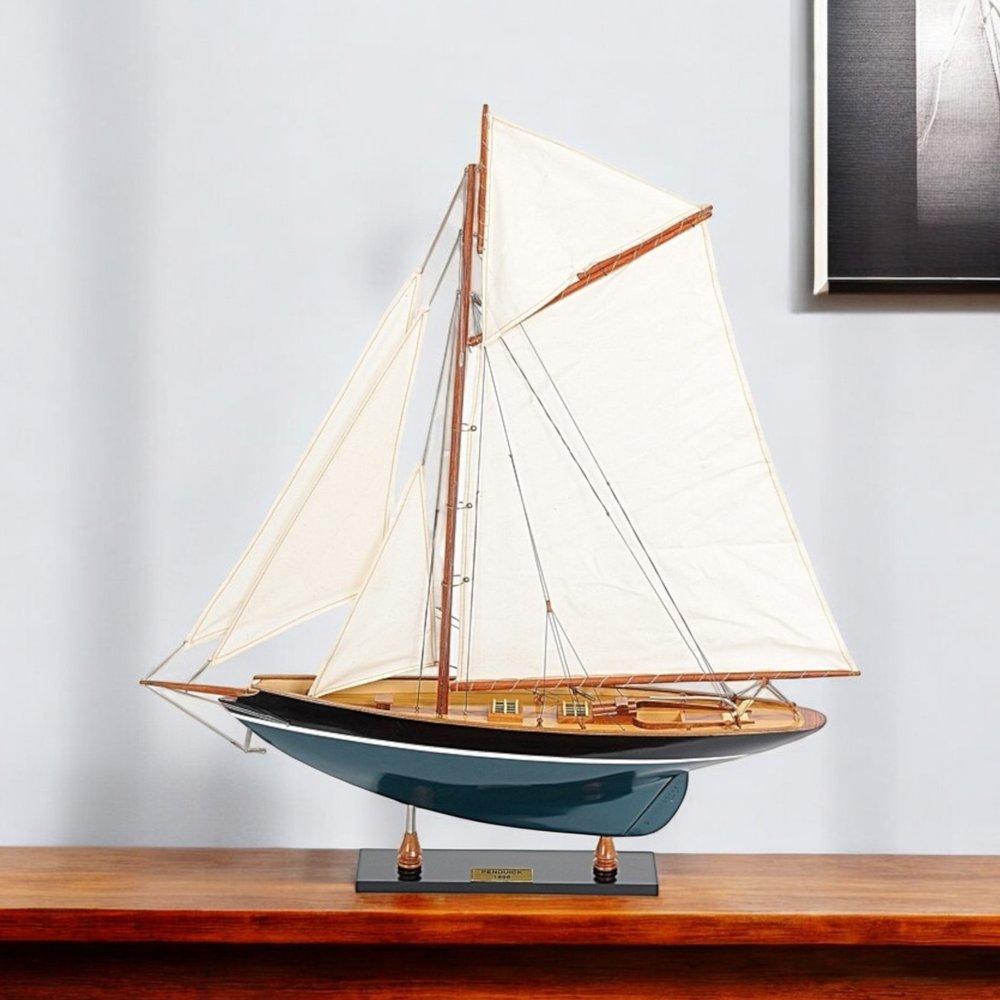 31" Black Blue And White Solid Wood Pen Duick Hand Painted Model Sail Boat