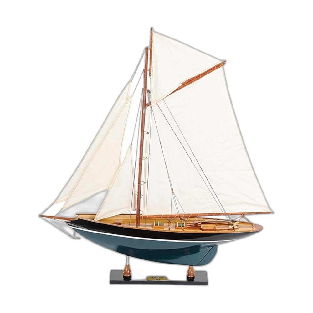 31" Black Blue And White Solid Wood Pen Duick Hand Painted Model Sail Boat