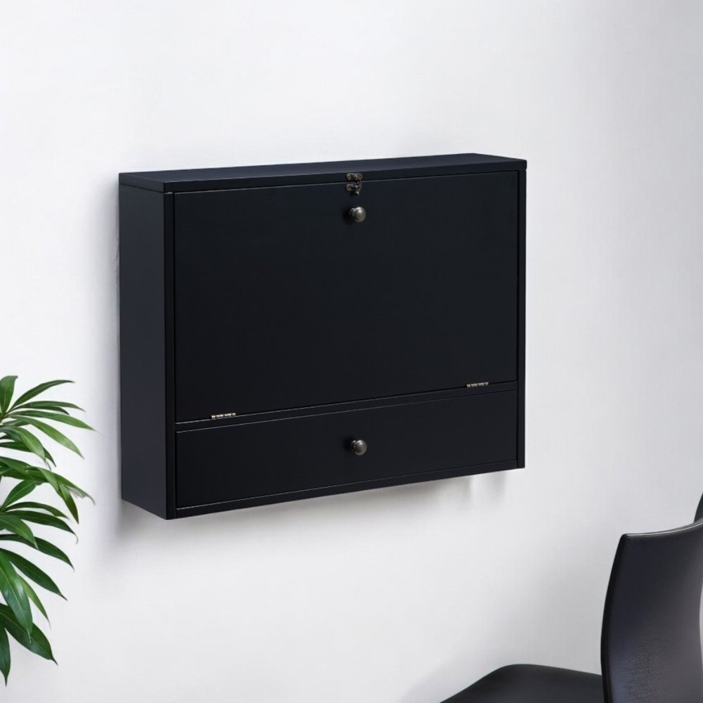 26" Black Wood Wall Mounted Folding Floating Desk