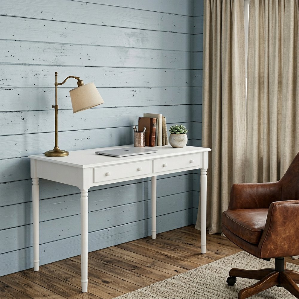 43" White Solid Wood Writing Desk With Two Drawers