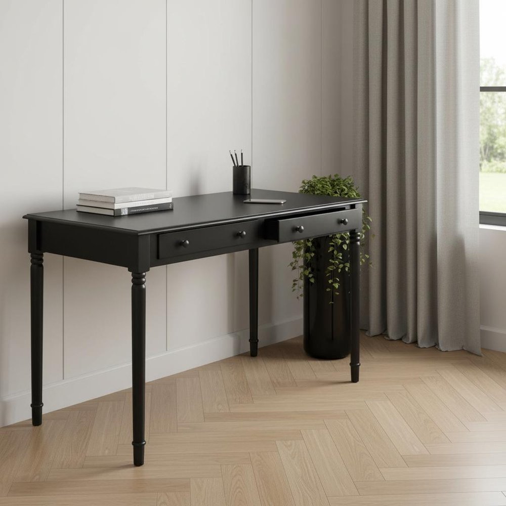 43" Black Fir Solid Wood Writing Desk With Two Drawers