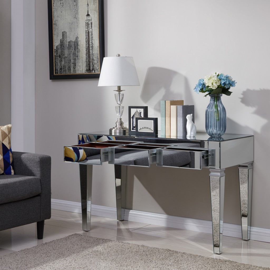 47" Silver Mirrored Writing Desk With Three Drawers