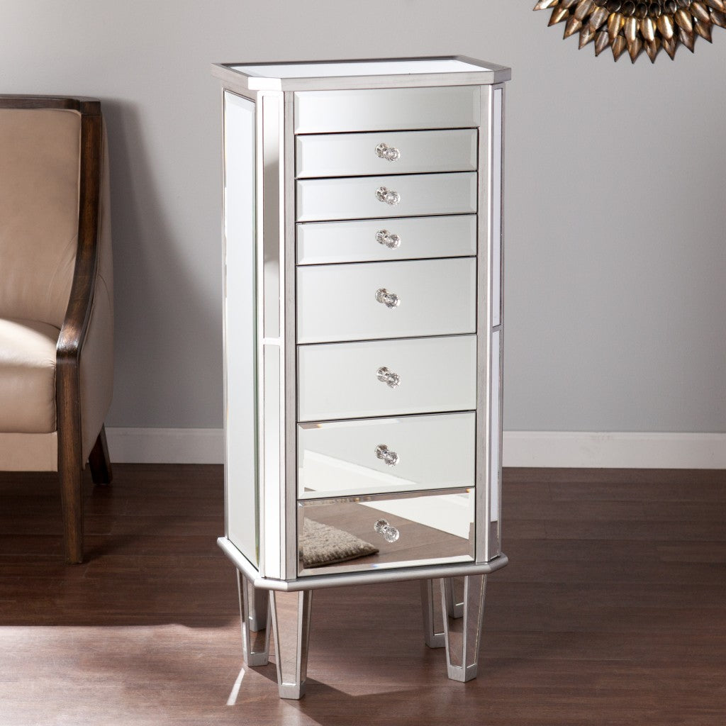 18" Silver Mirrored Writing Desk With Seven Drawers