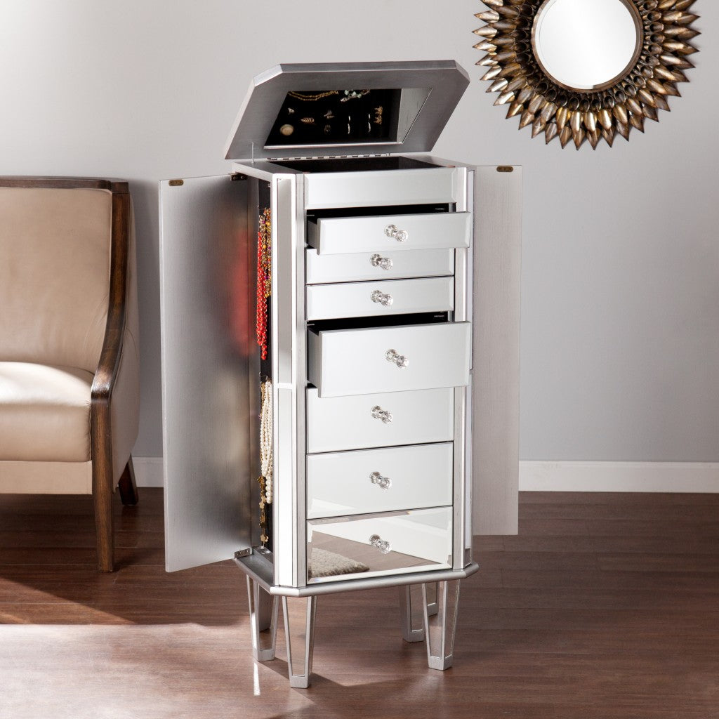 18" Silver Mirrored Writing Desk With Seven Drawers