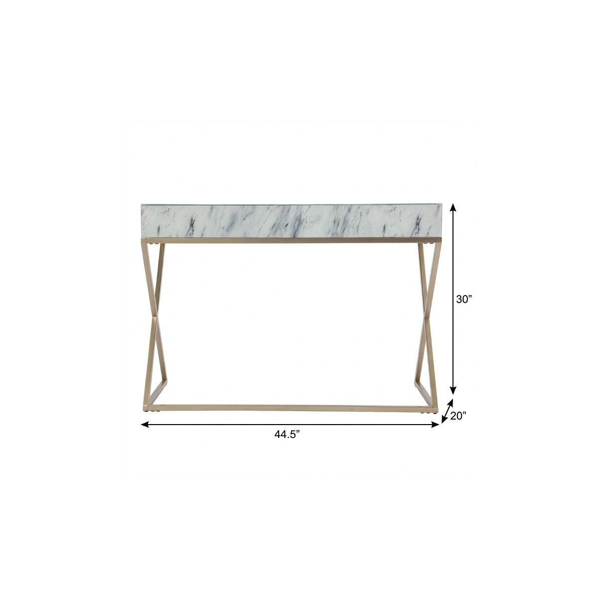 45" White and Bronze Glass and Iron Sled With Two Drawers