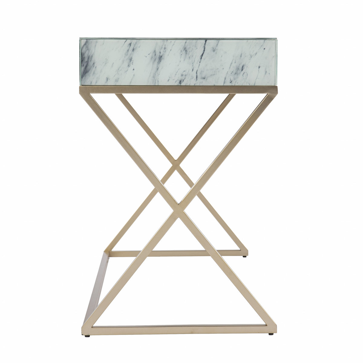 45" White and Bronze Glass and Iron Sled With Two Drawers