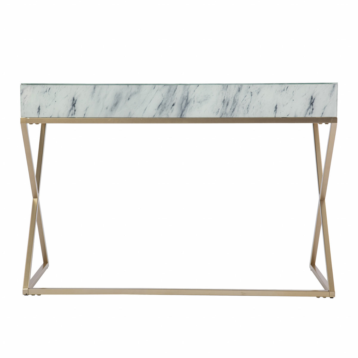 45" White and Bronze Glass and Iron Sled With Two Drawers