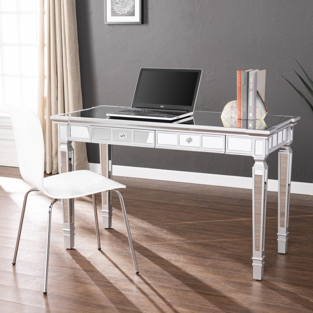 47" Silver Mirrored Writing Desk With Two Drawers