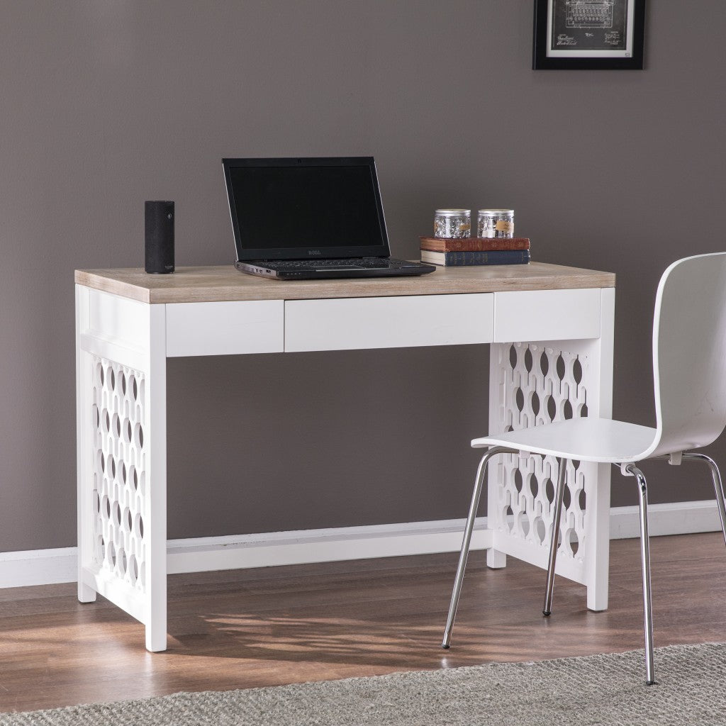 43" Natural And White Writing Desk With Three Drawers