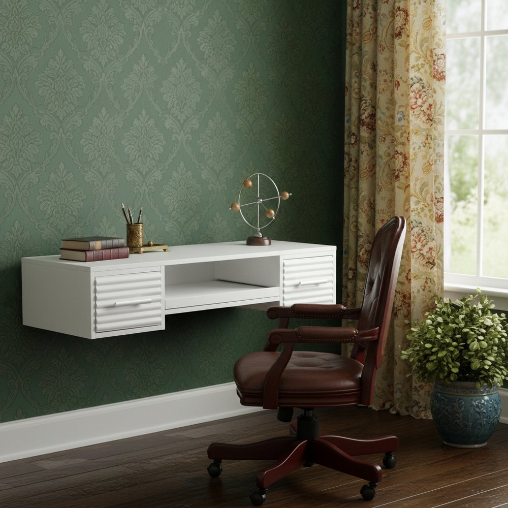 White Wall Mount Desk with Drawers