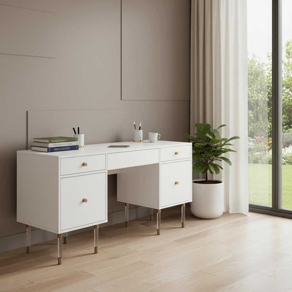 55" White Writing Desk With Four Drawers