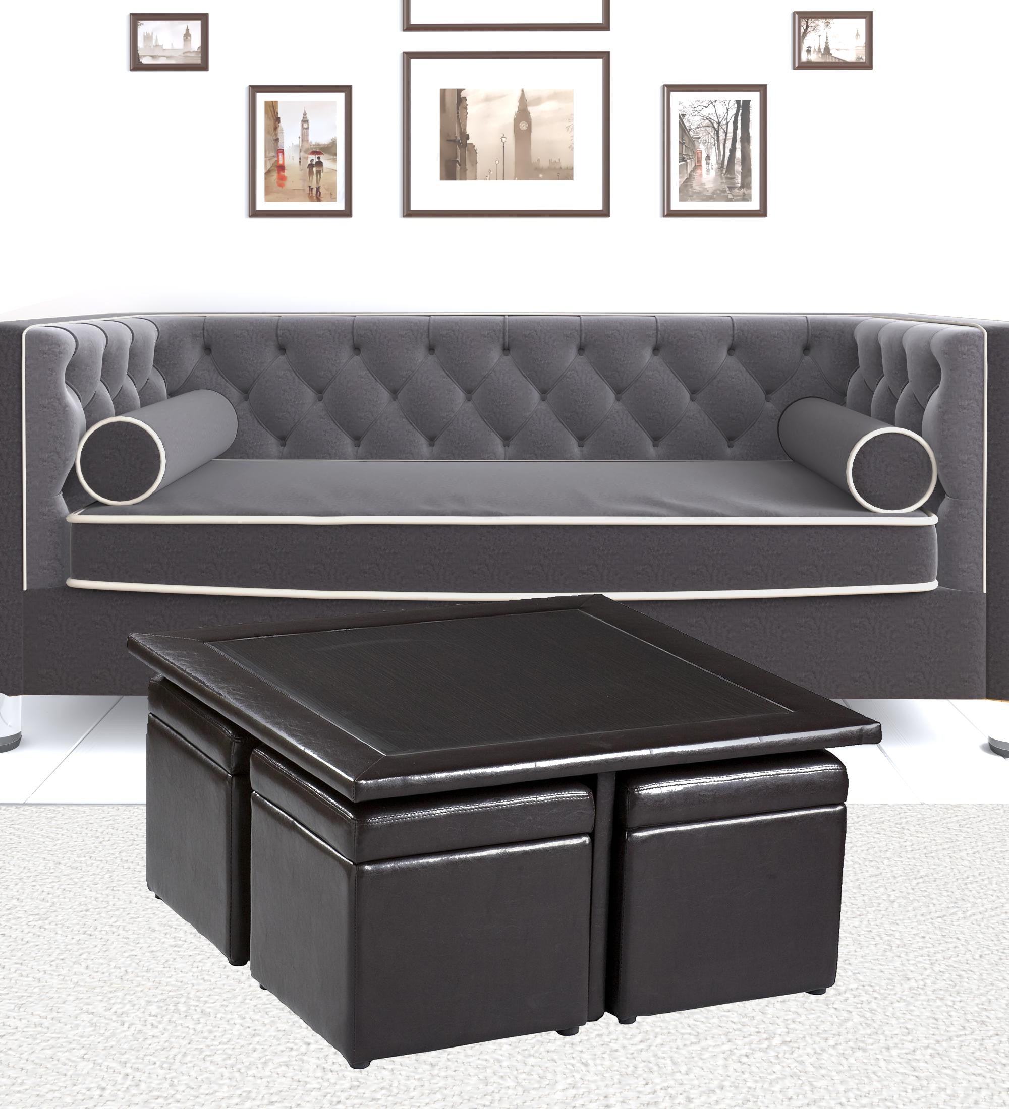 Five Piece Dark Brown Faux Leather Coffee Table and Storage Ottoman Set