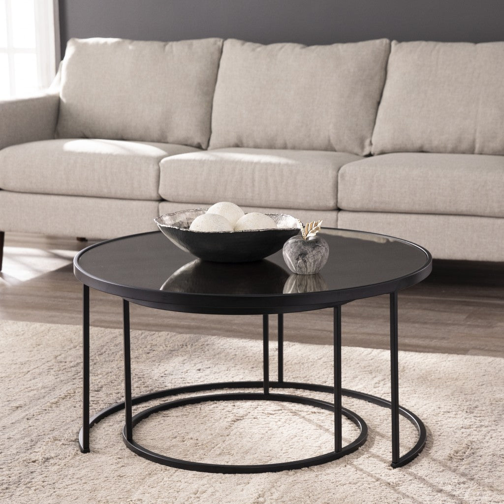 Set of Two Black And Silver Mirrored Round Nested Coffee Table Set