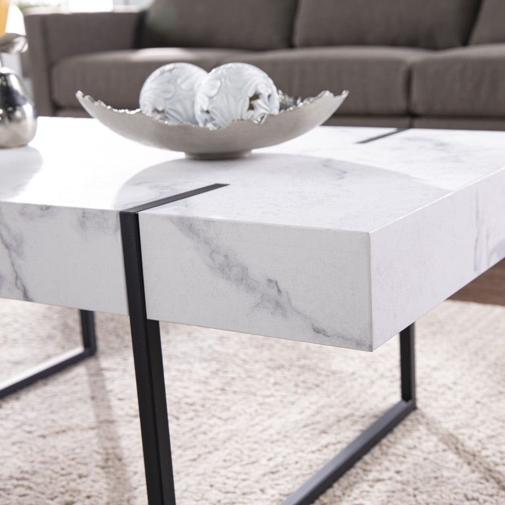 43" White And Black Faux Marble And Metal With Iron Coffee Table