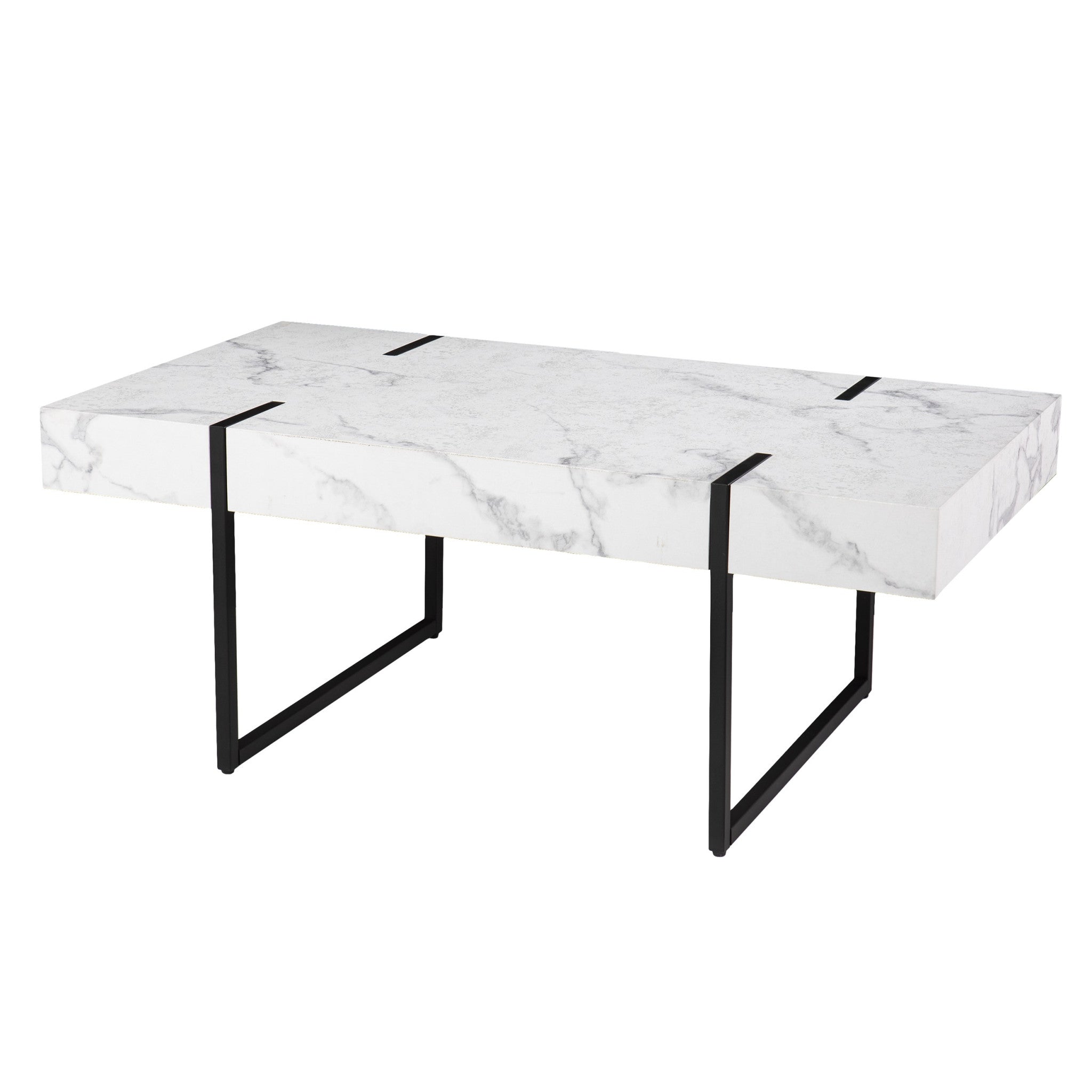 43" White And Black Faux Marble And Metal With Iron Coffee Table