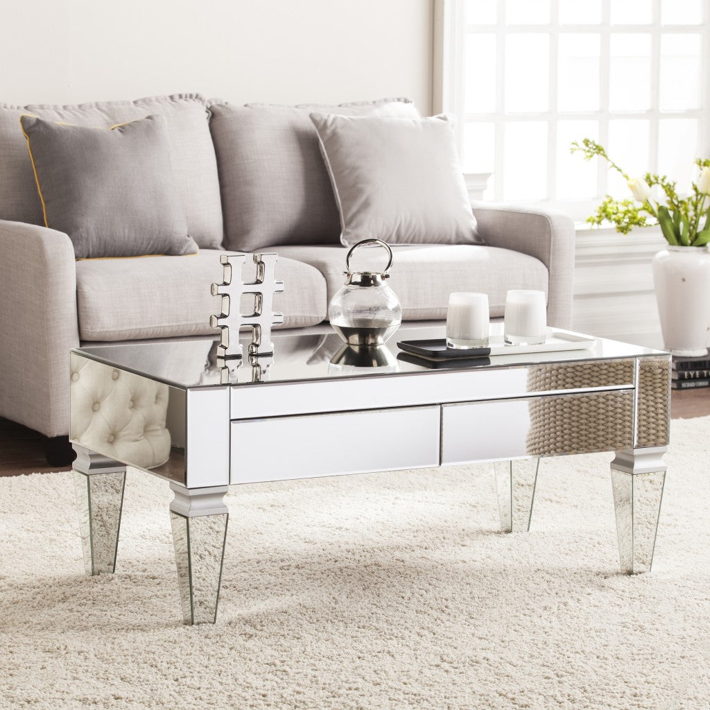 41" Silver Glass With Iron Mirrored Coffee Table