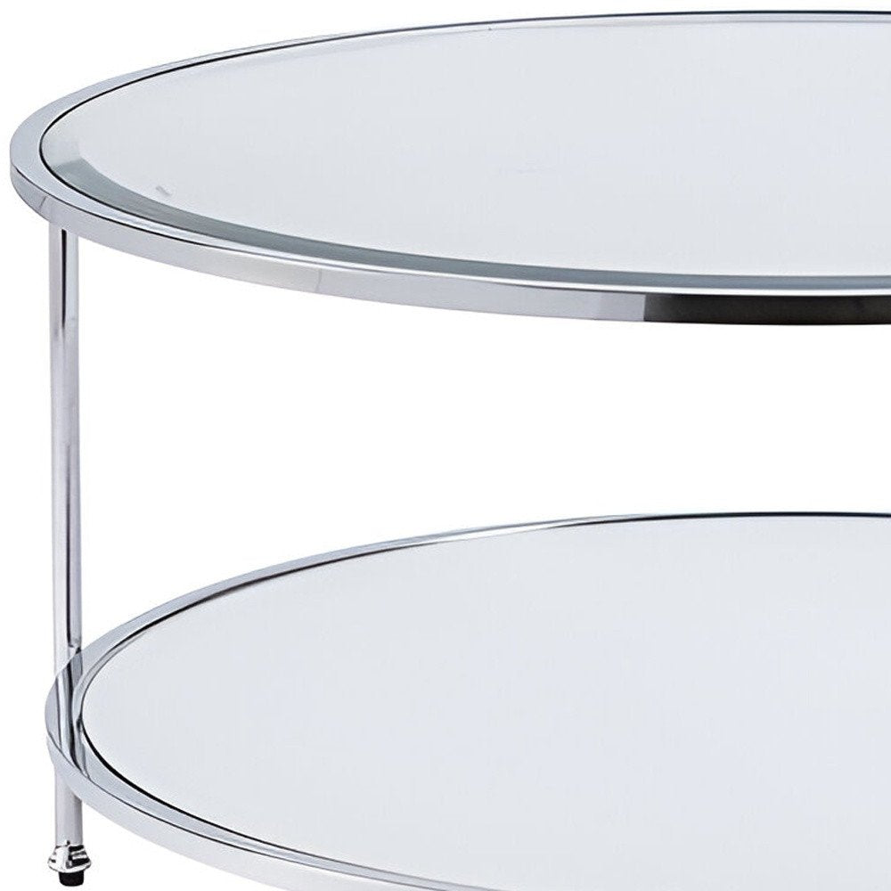 34" Chrome Glass And Metal Round Mirrored Coffee Table