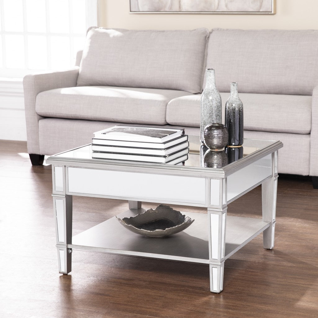 29" Silver Mirrored Square Coffee Table With Shelf