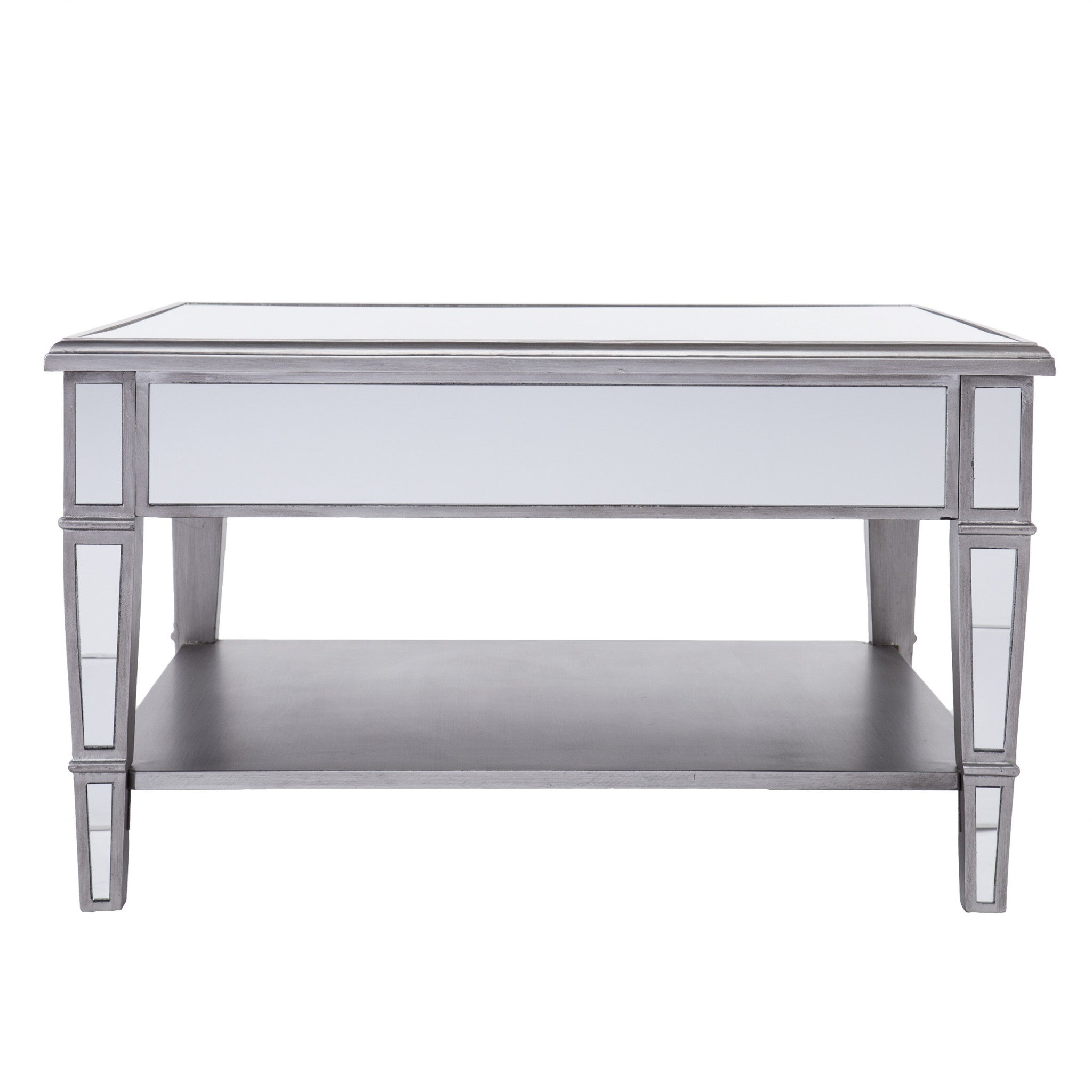 29" Silver Mirrored Square Coffee Table With Shelf